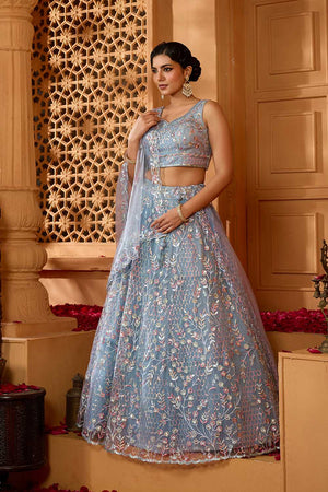 Grey Floral Embroidered Net Lehenga
