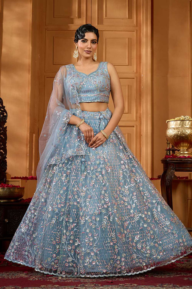Grey Floral Embroidered Net Lehenga