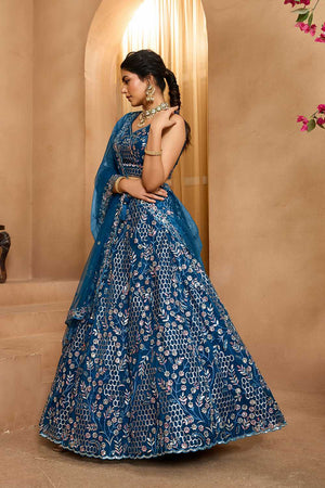 Navy-Blue Floral Embroidered Net Lehenga