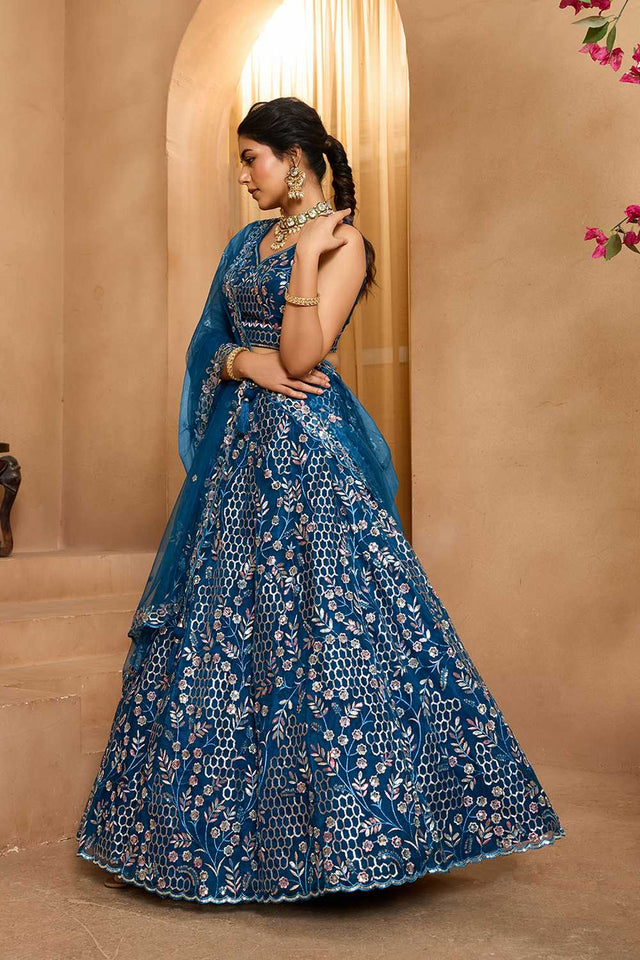 Navy-Blue Floral Embroidered Net Lehenga