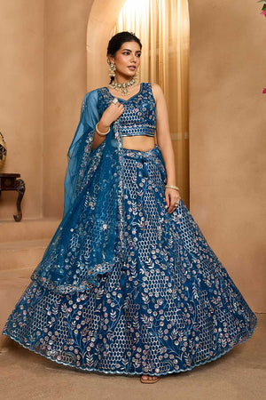Navy-Blue Floral Embroidered Net Lehenga