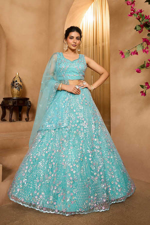 Sea-Green Floral Embroidered Net Lehenga