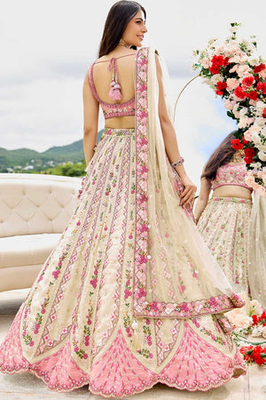 Cream Floral Embroidered Tissue Lehenga