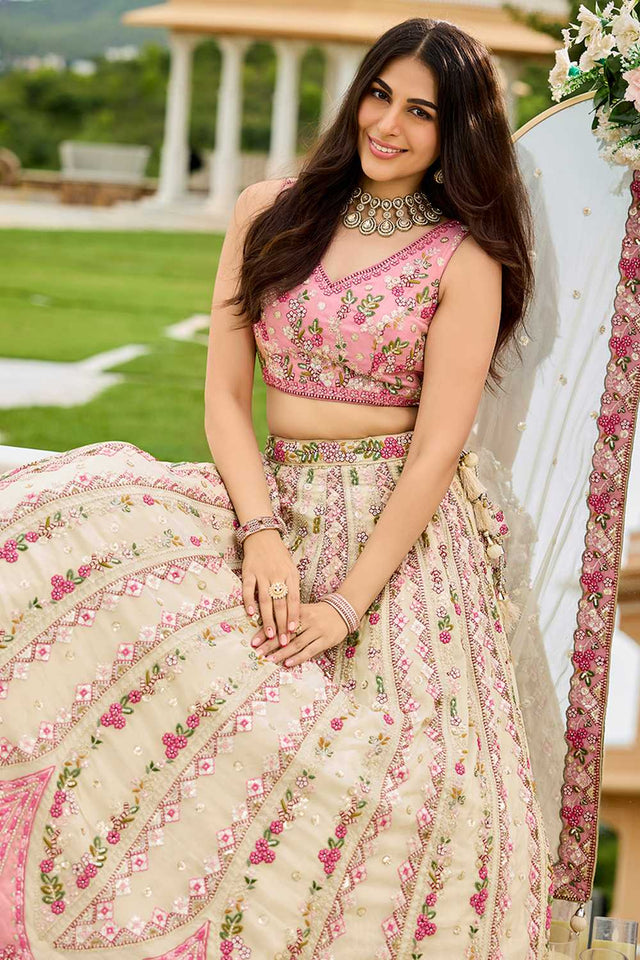 Cream Floral Embroidered Tissue Lehenga