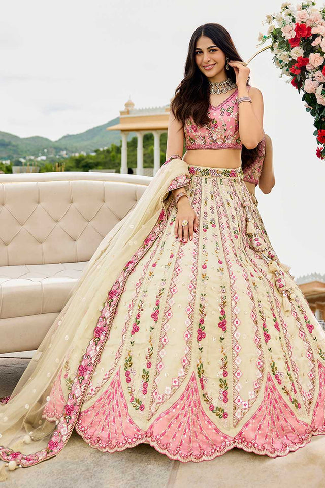 Cream Floral Embroidered Tissue Lehenga