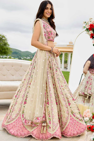 Cream Floral Embroidered Tissue Lehenga