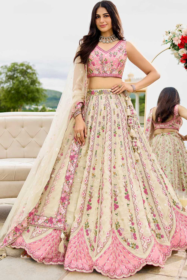 Cream Floral Embroidered Tissue Lehenga