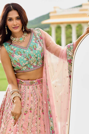 Pink Floral Embroidered Tissue Lehenga
