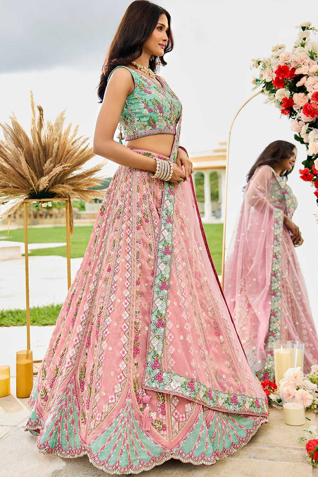Pink Floral Embroidered Tissue Lehenga