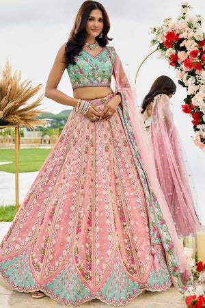 Pink Floral Embroidered Tissue Lehenga