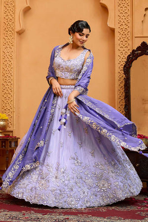 Lavender Floral Embroidered Tissue Lehenga