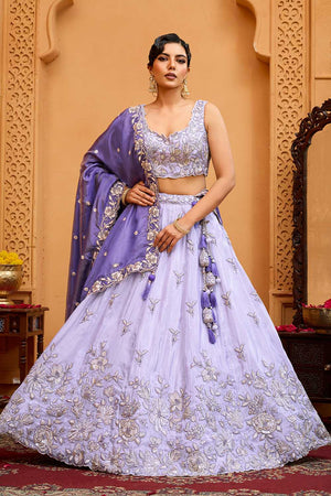 Lavender Floral Embroidered Tissue Lehenga