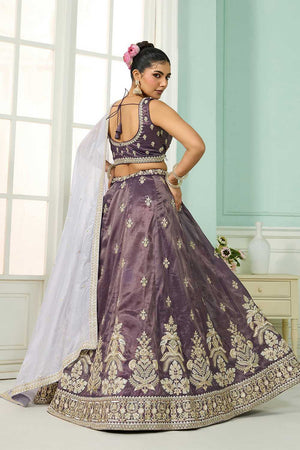 Purple Floral Embroidered Tissue Lehenga