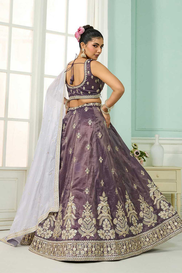 Purple Floral Embroidered Tissue Lehenga