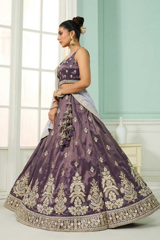 Purple Floral Embroidered Tissue Lehenga