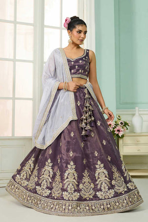 Purple Floral Embroidered Tissue Lehenga