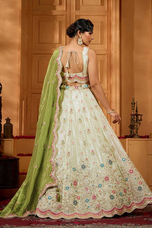 Green Floral Embroidered Tissue Lehenga