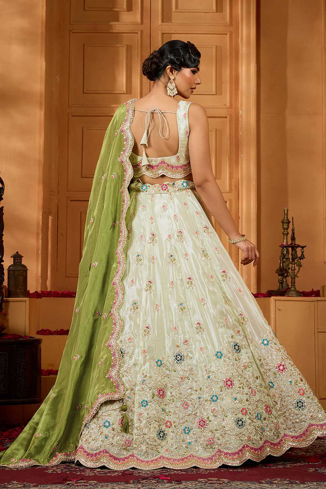 Green Floral Embroidered Tissue Lehenga