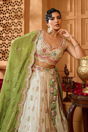 Green Floral Embroidered Tissue Lehenga