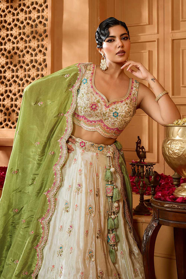Green Floral Embroidered Tissue Lehenga