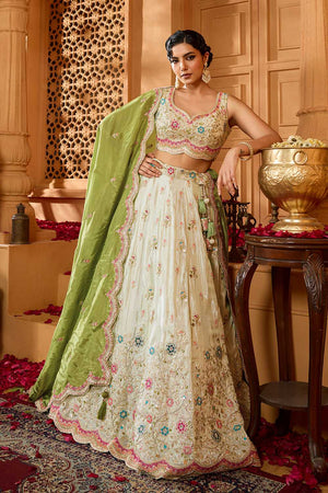 Green Floral Embroidered Tissue Lehenga