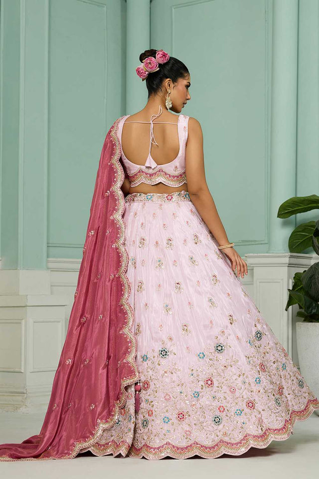 Pink Floral Embroidered Tissue Lehenga
