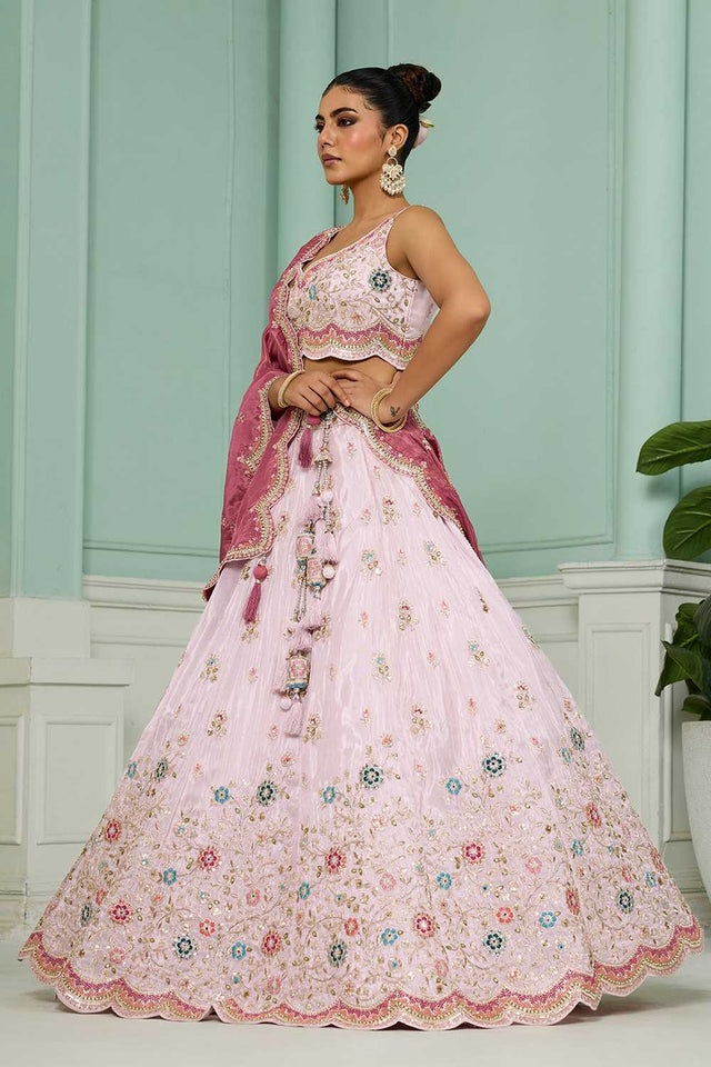 Pink Floral Embroidered Tissue Lehenga