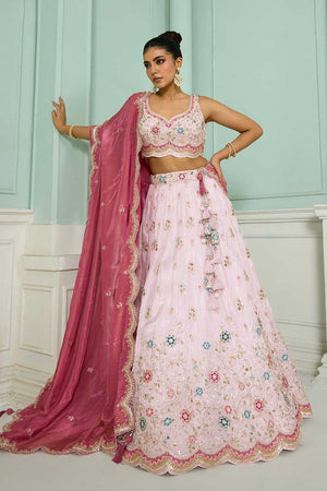 Pink Floral Embroidered Tissue Lehenga