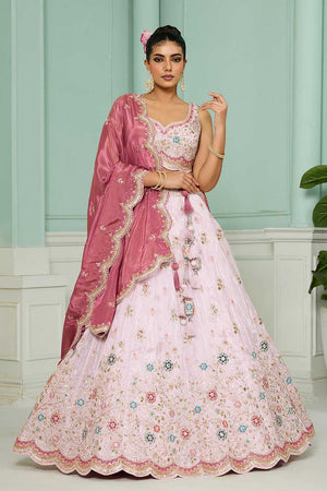 Pink Floral Embroidered Tissue Lehenga