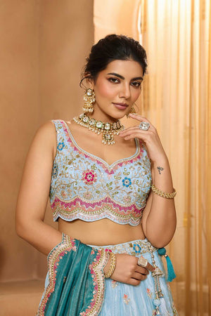 Sky Blue Floral Embroidered Tissue Lehenga