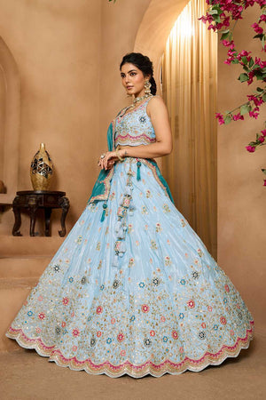 Sky Blue Floral Embroidered Tissue Lehenga