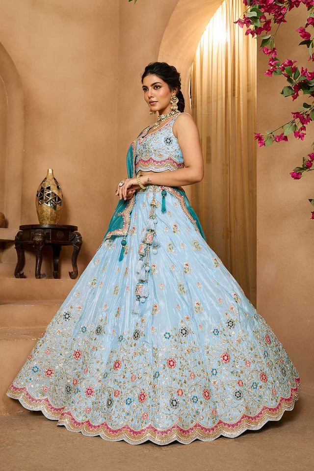 Sky Blue Floral Embroidered Tissue Lehenga