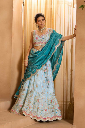 Sky Blue Floral Embroidered Tissue Lehenga