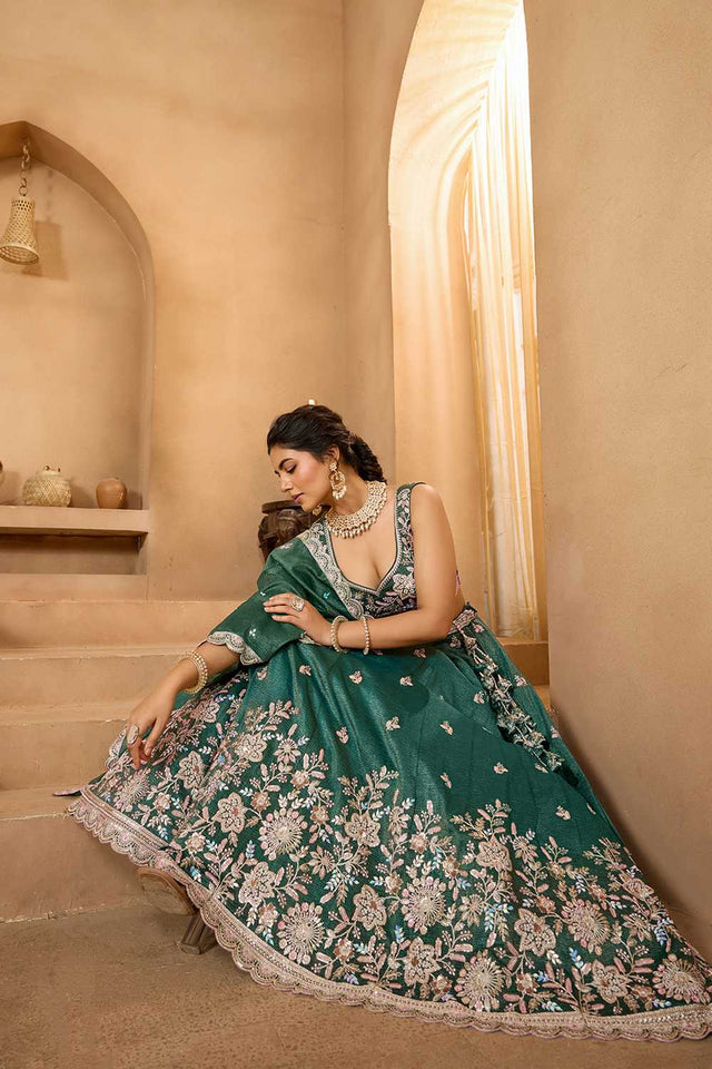 Green Floral Embroidered Tissue Lehenga