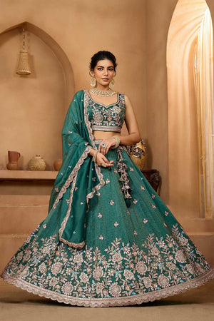 Green Floral Embroidered Tissue Lehenga