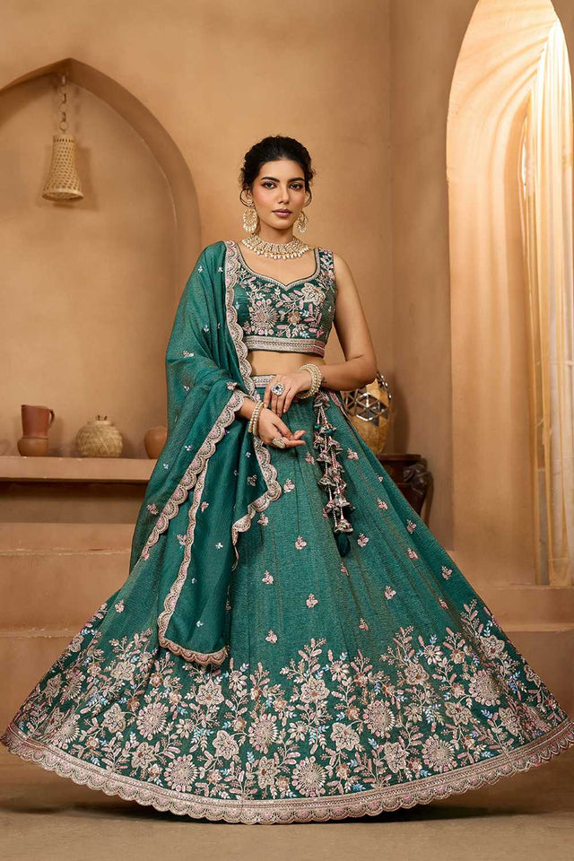 Green Floral Embroidered Tissue Lehenga