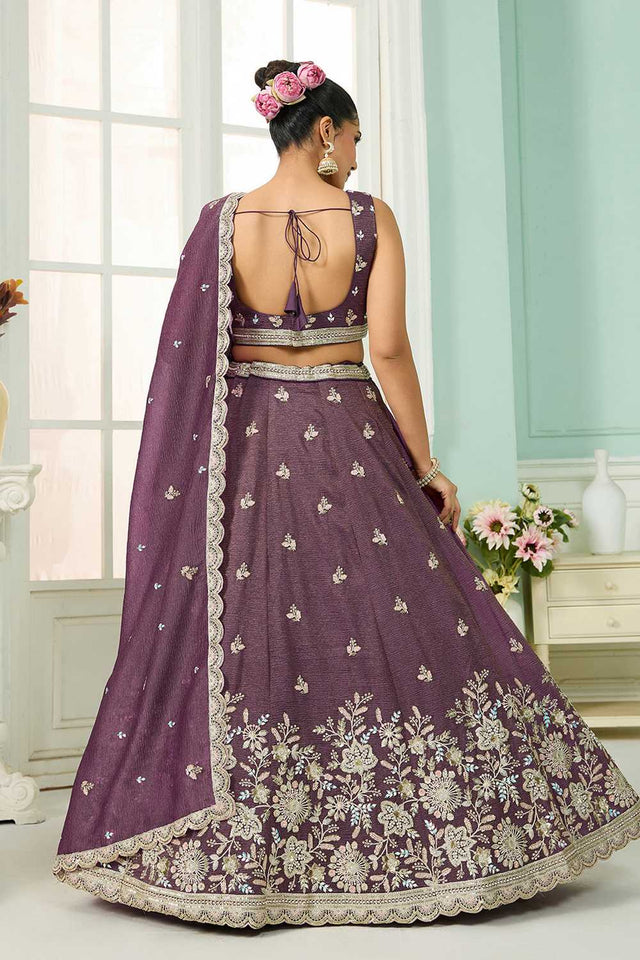 Purple Floral Embroidered Tissue Lehenga