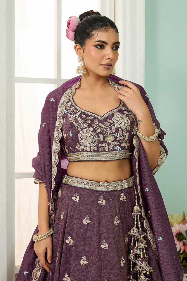 Purple Floral Embroidered Tissue Lehenga