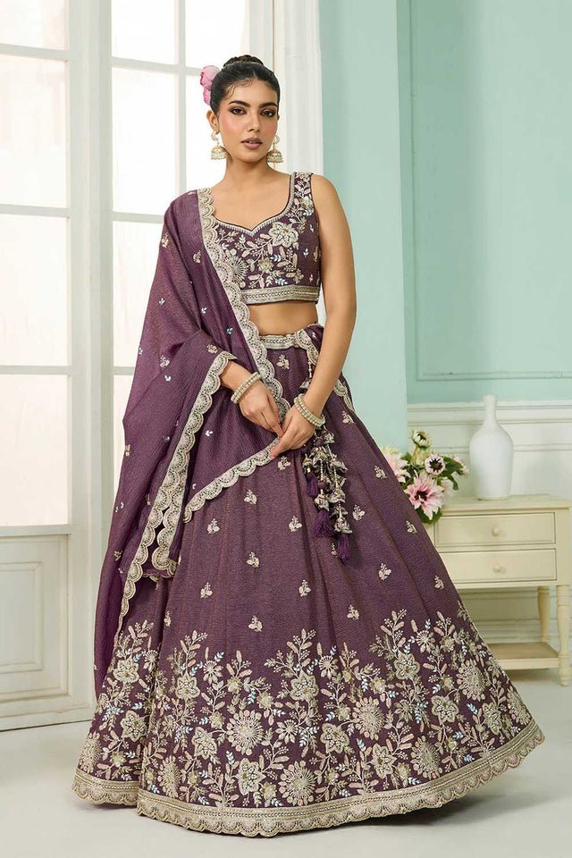 Purple Floral Embroidered Tissue Lehenga