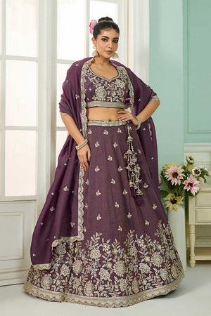Purple Floral Embroidered Tissue Lehenga