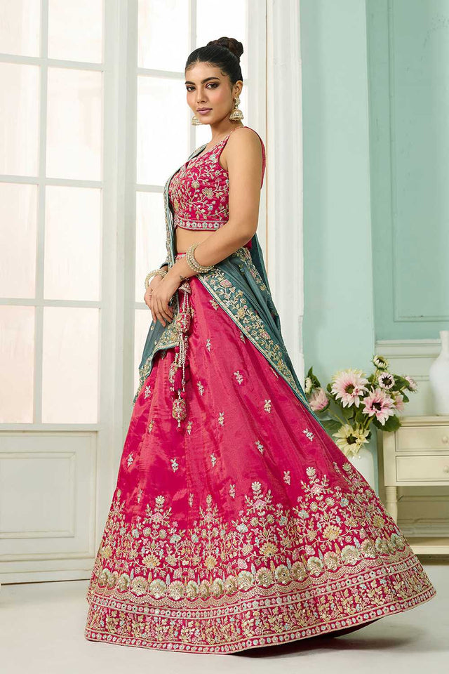 Pink Floral Embroidered Silk Lehenga