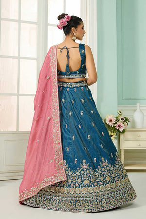 Turquoise Floral Embroidered Silk Lehenga