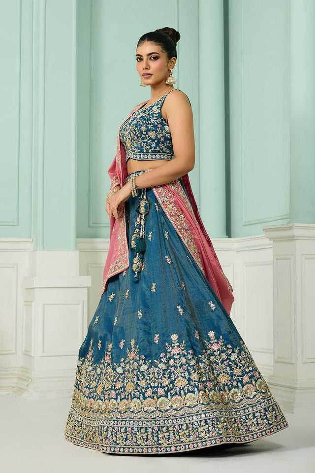 Turquoise Floral Embroidered Silk Lehenga