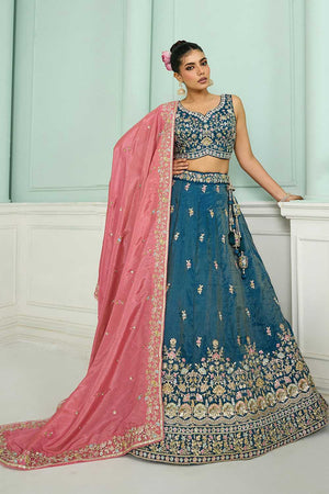 Turquoise Floral Embroidered Silk Lehenga