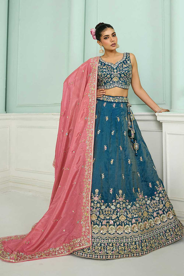Turquoise Floral Embroidered Silk Lehenga