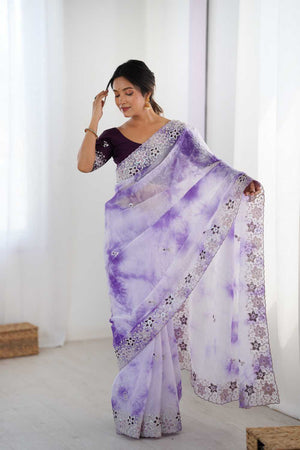 Lavender Embroidered Tissue Saree
