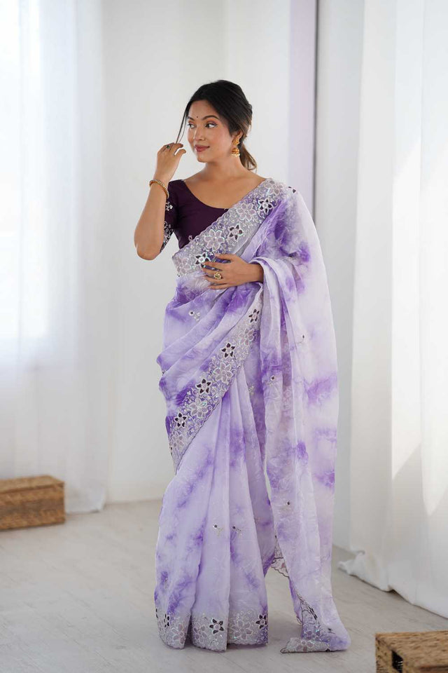 Lavender Embroidered Tissue Saree
