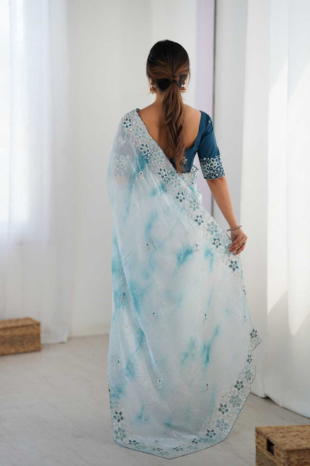 Sky Blue Embroidered Tissue Saree