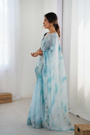 Sky Blue Embroidered Tissue Saree