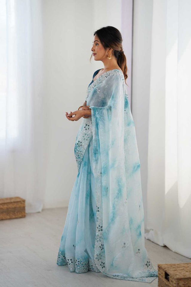 Sky Blue Embroidered Tissue Saree